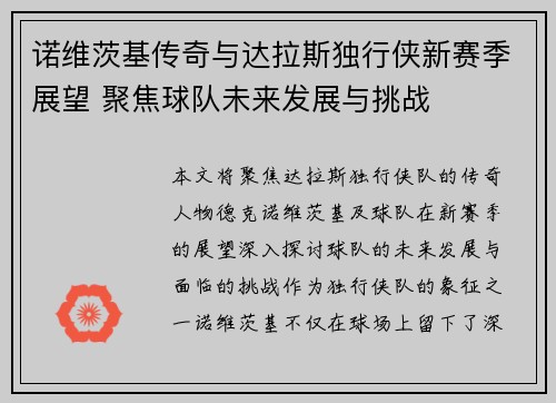 诺维茨基传奇与达拉斯独行侠新赛季展望 聚焦球队未来发展与挑战