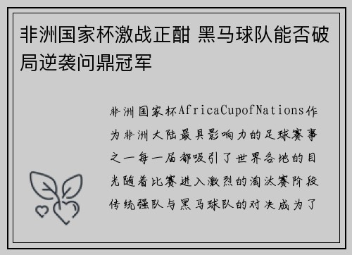 非洲国家杯激战正酣 黑马球队能否破局逆袭问鼎冠军