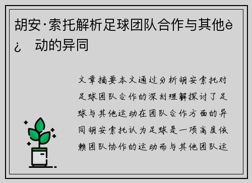胡安·索托解析足球团队合作与其他运动的异同